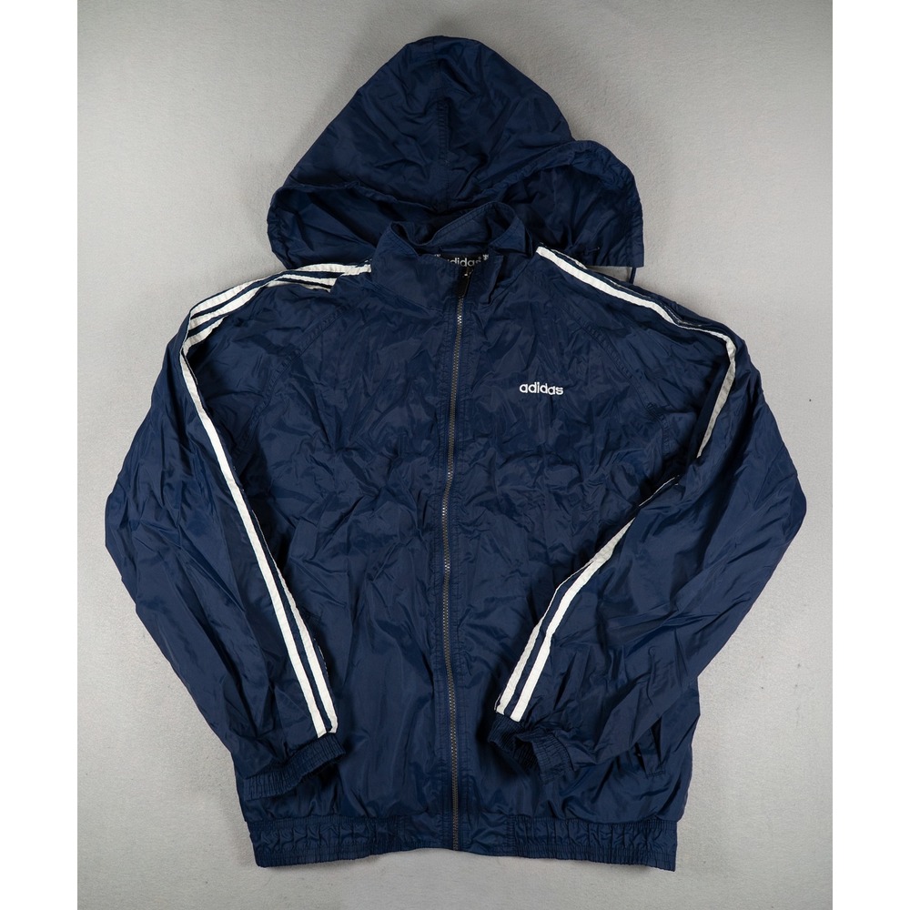 Vintage Adidas Windbreaker Jacket 3-Stripe Navy Blue Medium Packable Hood
